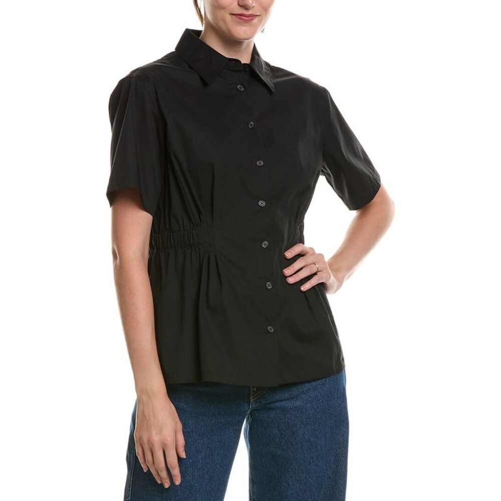 Anne Klein Womens  Pleated Waist Button-Up Shirt, Black